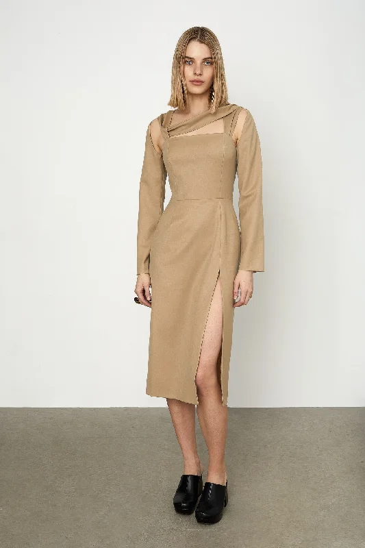 Halter neck mini dresses for a chic appearance -Beige Upcycled Wool Midi Dress Jotija Halter neck mini dresses for a chic appearance -Beige Upcycled Wool Midi Dress Jotija
