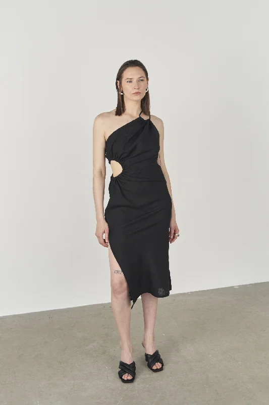 Cropped mini dresses for a trendy appearance -Black Akele Sustainable Ruched One-Shoulder Midi Dress in black Cropped mini dresses for a trendy appearance -Black Akele Sustainable Ruched One-Shoulder Midi Dress in black