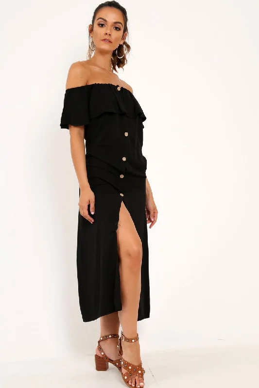 Belted waist mini dresses for a structured look -Black Bardot Frill Button Front Midi Dress - Clancy Belted waist mini dresses for a structured look -Black Bardot Frill Button Front Midi Dress - Clancy