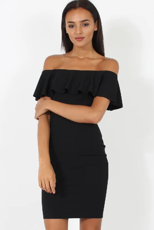 Hooded mini dresses for a sporty vibe -Black Bardot Frill Midi Dress - Lily