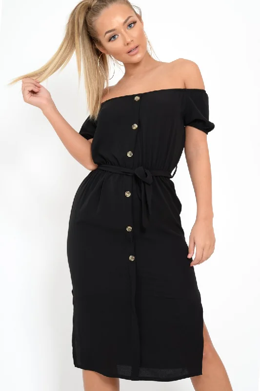 Culotte style mini dresses for a modern and chic look -Black Bardot Puff Sleeve Button Midi Dress - Jacinta Culotte style mini dresses for a modern and chic look -Black Bardot Puff Sleeve Button Midi Dress - Jacinta