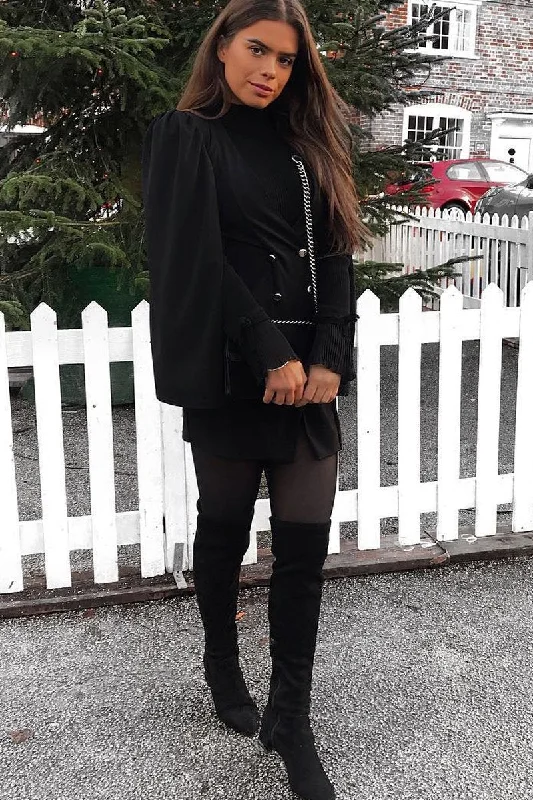 Cowl neck mini dresses for an elegant touch -Black Button Front Cape Sleeve Blazer Dress - Abraya Cowl neck mini dresses for an elegant touch -Black Button Front Cape Sleeve Blazer Dress - Abraya
