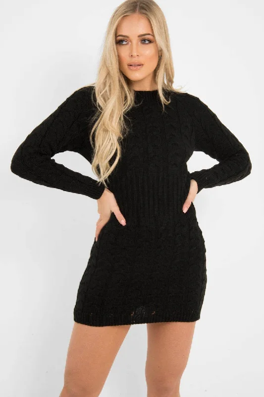 Mini dresses with floral embroidery -Black Cable Knit Jumper Midi Dress - Jaylie