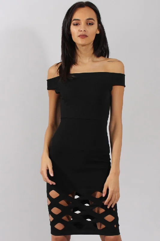 Mini dresses with adjustable straps -Black Cage Cut Bardot Midi Dress - Cady