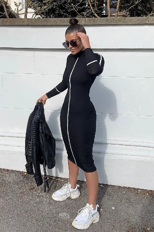 Cropped mini dresses for a trendy appearance -Black Contrast Stripe Detail High Neck Midi Dress - Niana Cropped mini dresses for a trendy appearance -Black Contrast Stripe Detail High Neck Midi Dress - Niana