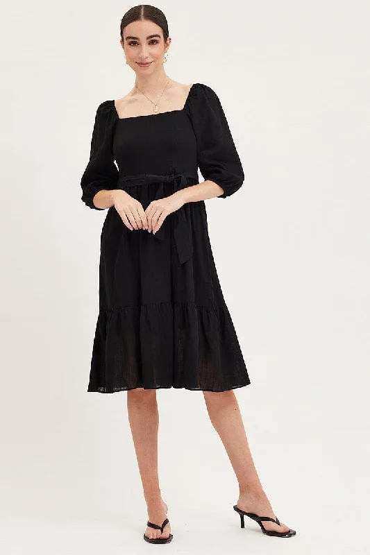 A-line mini dresses for a flattering silhouette -Black Dress Puff Sleeve Maxi