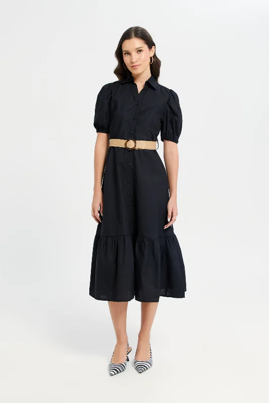 Comfortable dresses for casual outings -Woman Black Belted Dress