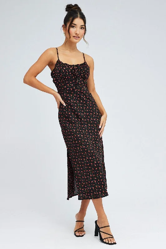 Comfortable mini dresses for daily wear -Black Floral Midi Dress Sleeveless Ruched Bust Satin Comfortable mini dresses for daily wear -Black Floral Midi Dress Sleeveless Ruched Bust Satin