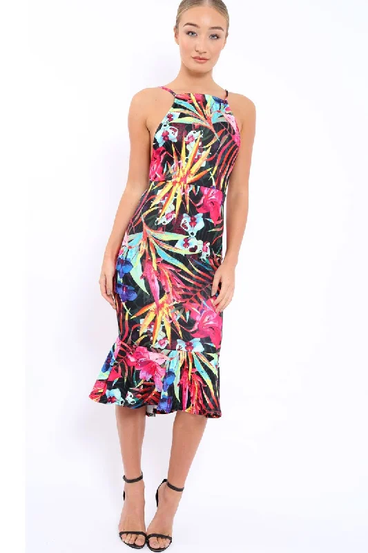 Peplum mini dresses for a stylish flair -Black Floral Midi Dress with Frill Detail - Kyrstin Peplum mini dresses for a stylish flair -Black Floral Midi Dress with Frill Detail - Kyrstin