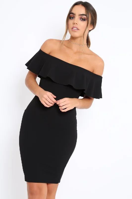 A-line mini dresses for a comfortable and classic silhouette -Black Frill Bardot Midi Dress - Bridget A-line mini dresses for a comfortable and classic silhouette -Black Frill Bardot Midi Dress - Bridget