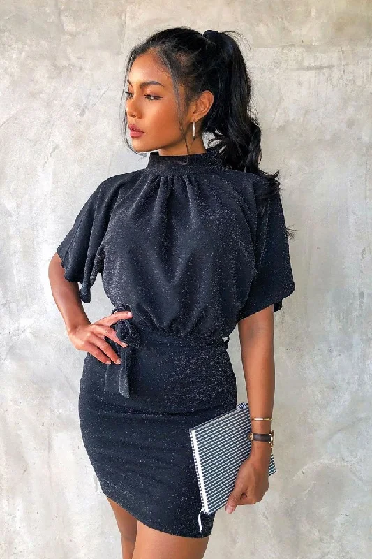 Peplum mini dresses for a flattering silhouette -Black Glitter Batwing Sleeve Belted Dress - Florene Peplum mini dresses for a flattering silhouette -Black Glitter Batwing Sleeve Belted Dress - Florene