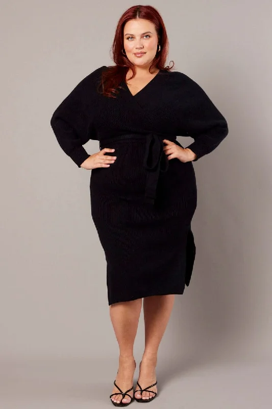 Plus-size dresses for formal occasions -Black Knit Knee Length Dress