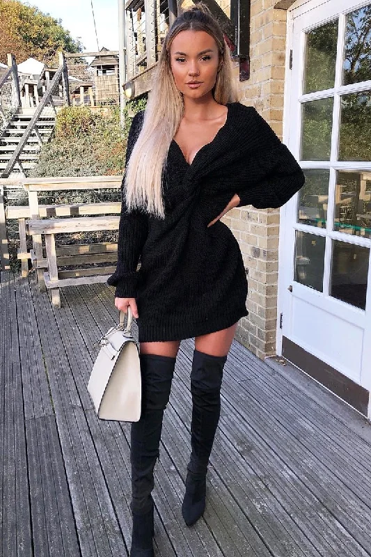 Trendy dresses for bridesmaids -Black Knot Front Jumper Dress - Hydee
