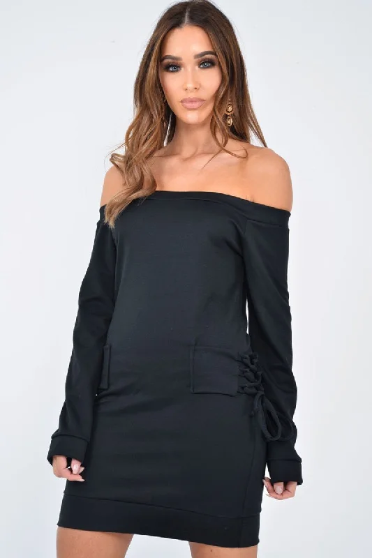 Boho style dresses for spring and summer -Black Lace Up Detail Bardot Jumper Dress - Aarna