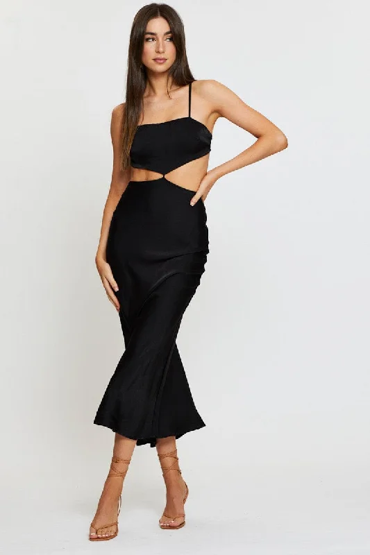 Peplum mini dresses for a stylish flair -Black Midi Dress Satin