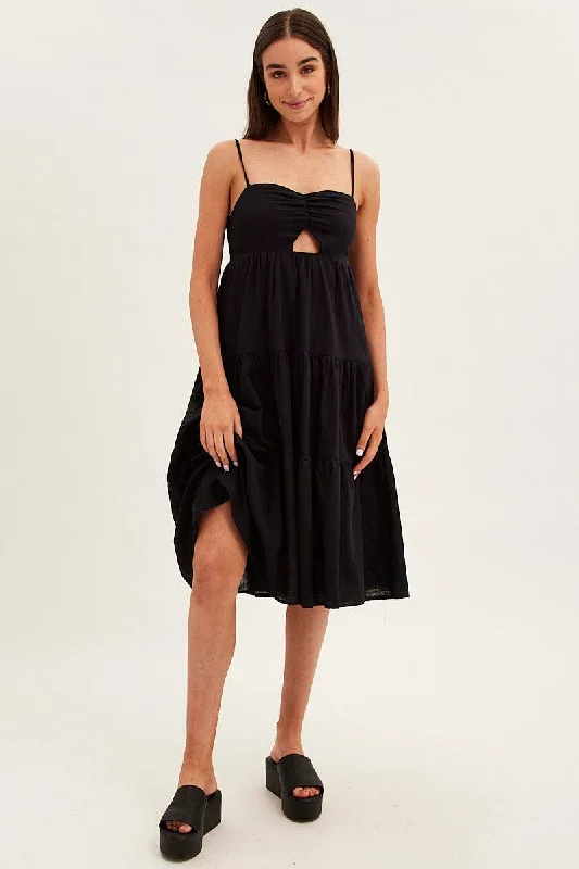 Mini dresses with fringe accents -Black Midi Dress Sleeveless Ruched Tiered