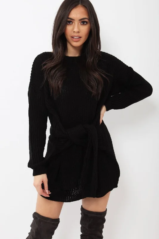 Women's dresses for fall and winter -Black Tie Front Knitted Jumper Dress - Harley