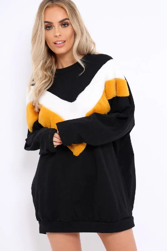 Shop cute dresses for weddings online -Black with Mustard and White Chevron Fur Jumper Dress- Lula Shop cute dresses for weddings online -Black with Mustard and White Chevron Fur Jumper Dress- Lula