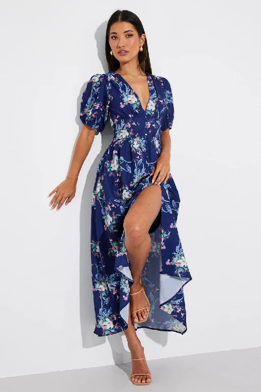 Mini dresses with pockets for convenience -Blue Floral Midi Dress Puff Sleeve