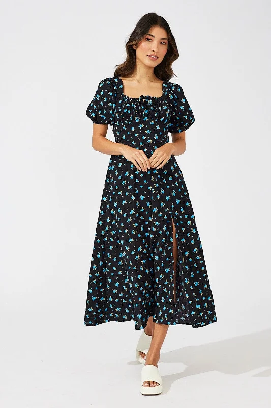 Mini dresses with bow back detail for a cute touch -Blue Floral Midi Dress Puff Sleeve Midi Mini dresses with bow back detail for a cute touch -Blue Floral Midi Dress Puff Sleeve Midi