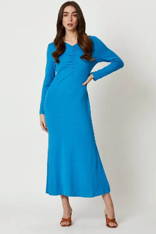 Mini dresses with ruffle hem for a feminine touch -Blue Gathered Front Midi Dress