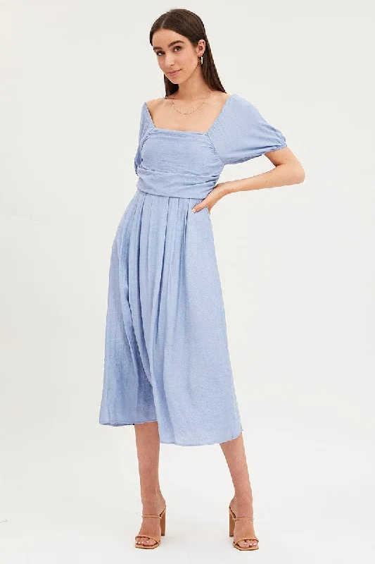 Mini dresses with faux leather accents for an edgy style -Blue Midi Dress Evening Square Neck Mini dresses with faux leather accents for an edgy style -Blue Midi Dress Evening Square Neck