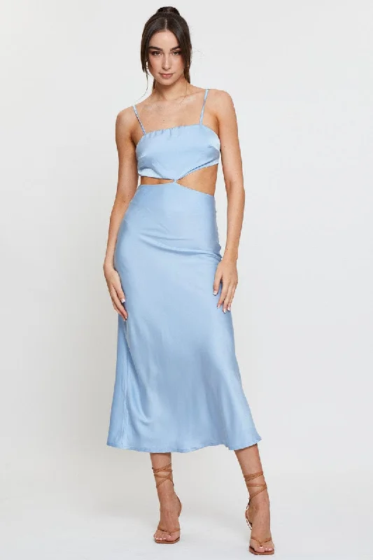 Mini dresses with belt for added style -Blue Midi Dress Satin