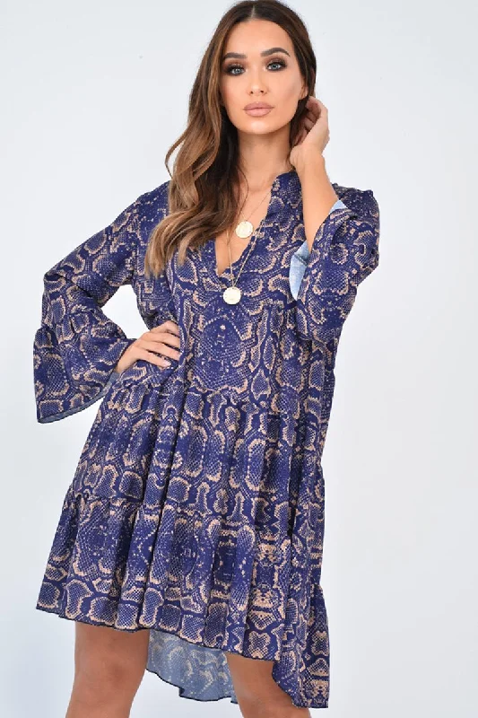 Plus-size mini dresses for curvy figures -Blue Snake Print Plunge Flute Sleeve Shift Dress - Olesya Plus-size mini dresses for curvy figures -Blue Snake Print Plunge Flute Sleeve Shift Dress - Olesya
