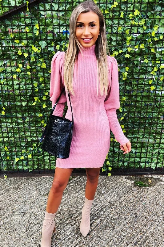 Peplum waist mini dresses for added flair -Blush High Neck Balloon Sleeve Knitted Dress - Ginna Peplum waist mini dresses for added flair -Blush High Neck Balloon Sleeve Knitted Dress - Ginna