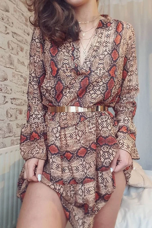 Bandeau mini dresses for a strapless option -Brown And Red Snake Print Plunge Flute Sleeve Shift Dress - Olesya Bandeau mini dresses for a strapless option -Brown And Red Snake Print Plunge Flute Sleeve Shift Dress - Olesya