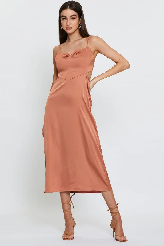 Mini dresses for beach vacations -Brown Midi Dress Cowl Neck Satin