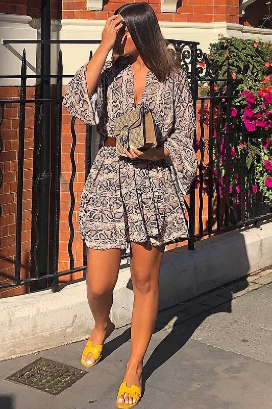 Sweater mini dresses for cozy wear -Brown Snake Print Plunge Flute Sleeve Shift Dress - Olesya Sweater mini dresses for cozy wear -Brown Snake Print Plunge Flute Sleeve Shift Dress - Olesya