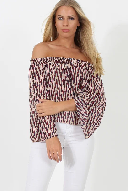 Belted mini dresses for a defined waist -Burgundy, Beige and Navy Pattern Bardot Three Quarter Bell Sleeve Crop- Chantelle Belted mini dresses for a defined waist -Burgundy, Beige and Navy Pattern Bardot Three Quarter Bell Sleeve Crop- Chantelle