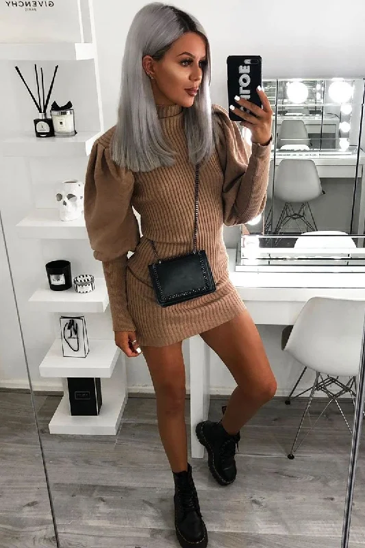 Mini dresses with fringe for a boho-chic style -Camel High Neck Balloon Sleeve Knitted Dress - Ginna Mini dresses with fringe for a boho-chic style -Camel High Neck Balloon Sleeve Knitted Dress - Ginna