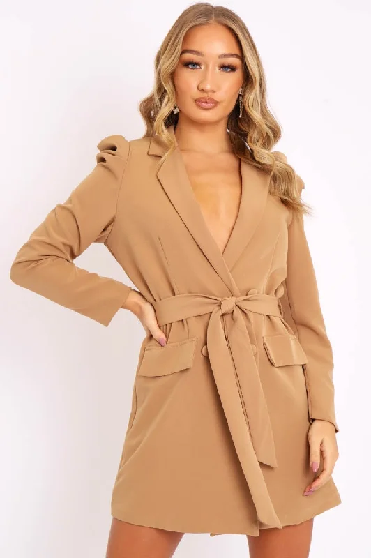 Peplum mini dresses for a stylish flair -Camel Puff Sleeve Belted Waist Blazer Dress - Daionna