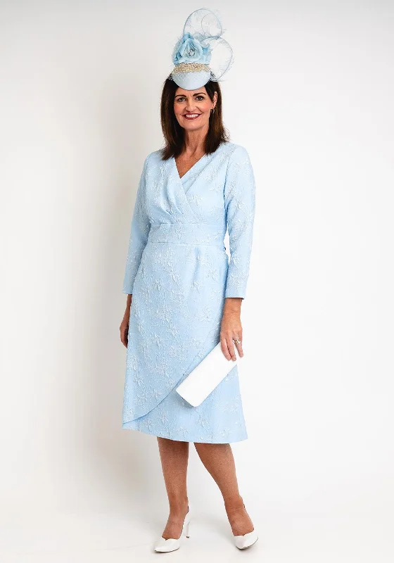 Off-shoulder mini dresses for a feminine touch -Cassandra Floral Jacquard V-Neck Midi Dress, Blue Off-shoulder mini dresses for a feminine touch -Cassandra Floral Jacquard V-Neck Midi Dress, Blue
