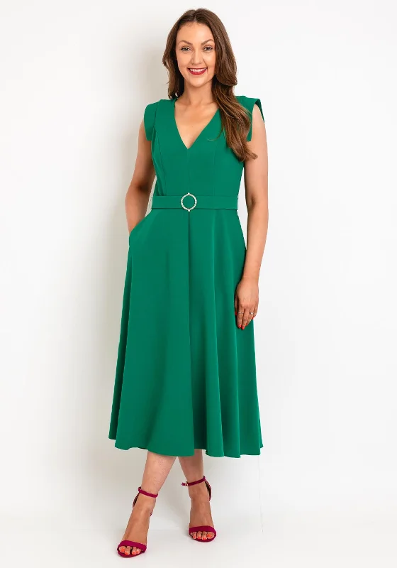 Mini dresses with faux leather accents for an edgy style -Castings Belted Waist, A-Line Midi Dress, Green Mini dresses with faux leather accents for an edgy style -Castings Belted Waist, A-Line Midi Dress, Green