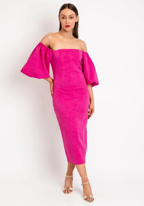 Long-sleeve mini dresses for cooler days -Casting Embossed Leaf Print Midi Pencil Dress, Fuchsia Long-sleeve mini dresses for cooler days -Casting Embossed Leaf Print Midi Pencil Dress, Fuchsia