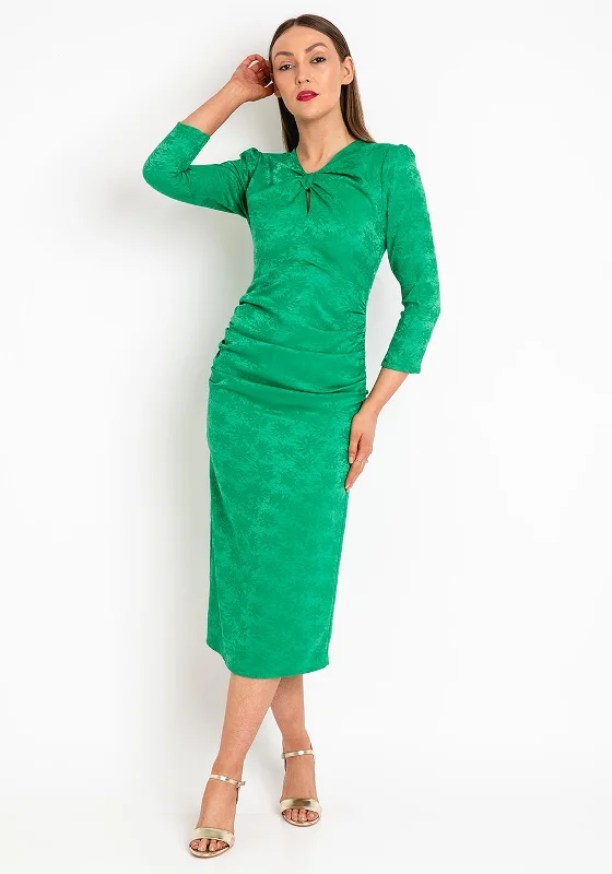 Mini dresses with sequins for a glamorous touch -Cayro Iris Leaf Print Ruched Midi Dress, Green