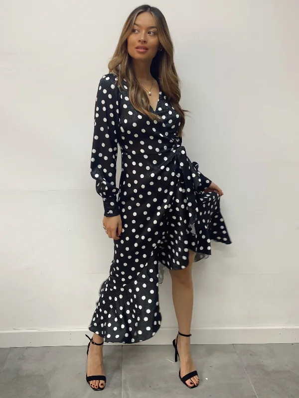 Mini dresses with metallic finish for a futuristic look -Charlotte Wrap Midi Dress / Mono Spot Mini dresses with metallic finish for a futuristic look -Charlotte Wrap Midi Dress / Mono Spot