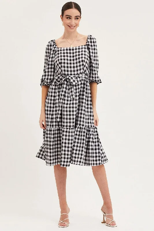 Mini dresses with sequins for a glamorous touch -Check Dress Puff Sleeve Maxi