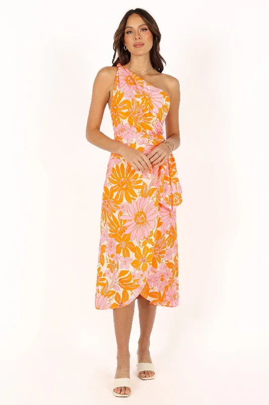 Mini dresses with asymmetrical neckline for a unique design -Clara One Shoulder Midi Dress - Orange Mini dresses with asymmetrical neckline for a unique design -Clara One Shoulder Midi Dress - Orange