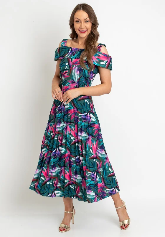 Mini dresses with asymmetrical neckline for a unique design -Coco Doll Floral Print Pleated Midi Dress, Green Multi Mini dresses with asymmetrical neckline for a unique design -Coco Doll Floral Print Pleated Midi Dress, Green Multi
