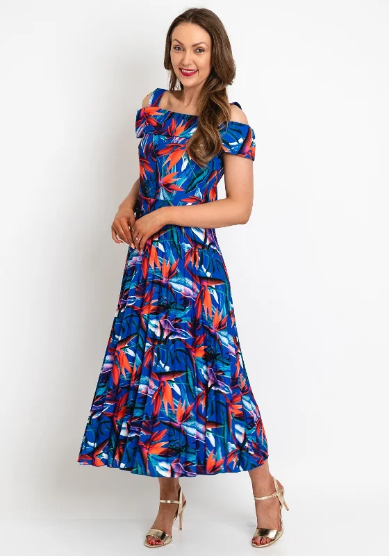 Satin mini dresses for a luxurious feel -Coco Doll Floral Print Pleated Midi Dress, Royal Blue & Orange
