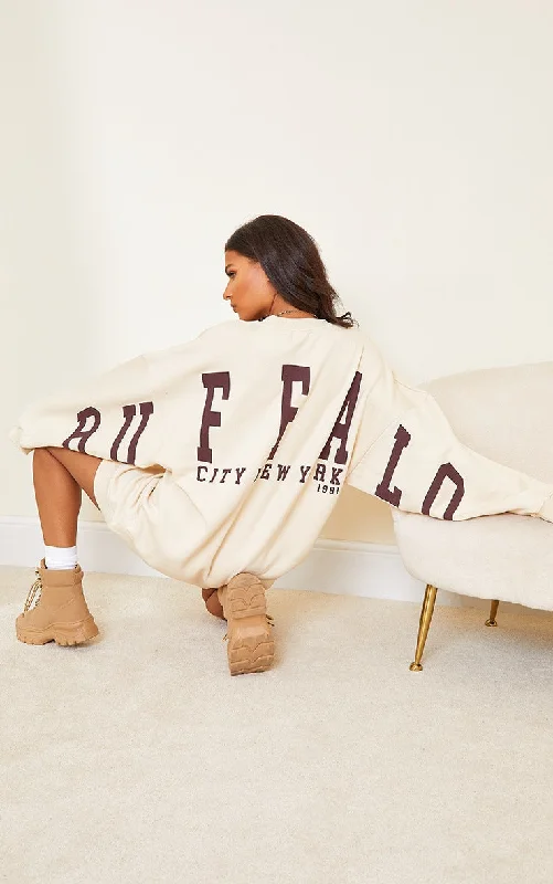 Chic dresses for women over 40 -Cream Buffalo N.Y Slogan Sweat Jumper Dress