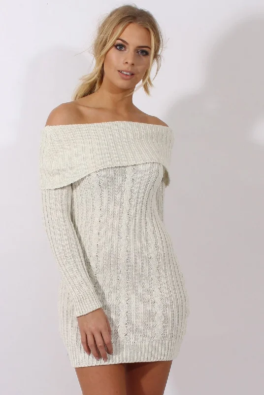 Stylish dresses for everyday wear -Cream Sparkle Knit Bardot Jumper Dress - Kasey