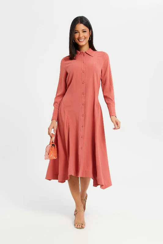 Vintage inspired dresses for women -Women Crimson Plain Collared Dress