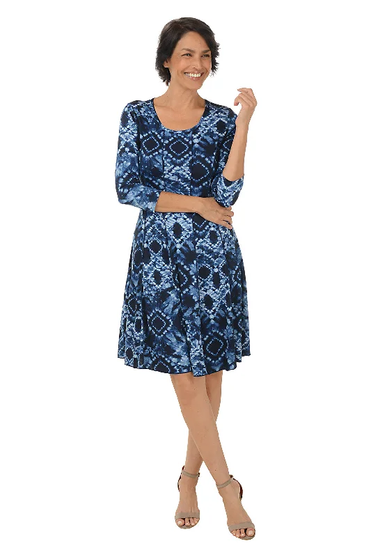 Mini dresses with fringe hem for a fun and lively appearance -Diamond Tie-Dye Seamed 3/4 Sleeve Dress Mini dresses with fringe hem for a fun and lively appearance -Diamond Tie-Dye Seamed 3/4 Sleeve Dress