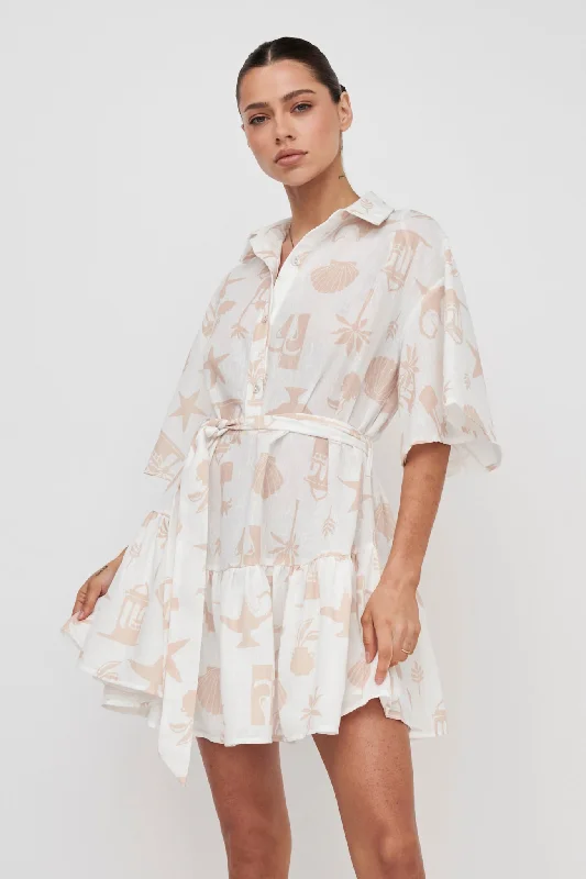 Comfortable casual dresses for everyday wear -Day Trip Waist Tie Collared Dress Beige
