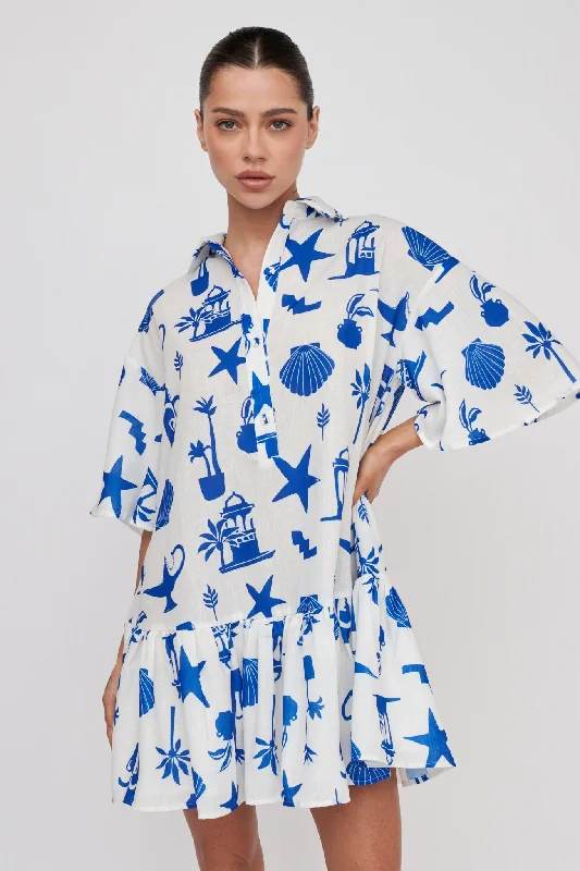 Unique dresses for brides -Day Trip Waist Tie Collared Dress Blue